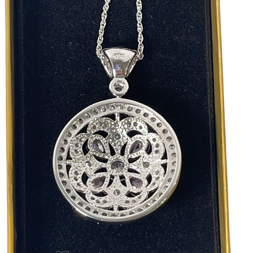 Sterling Silver Necklace Round Pendant Brilliant Diamond Pink Gem Embellished - Picture 6 of 12